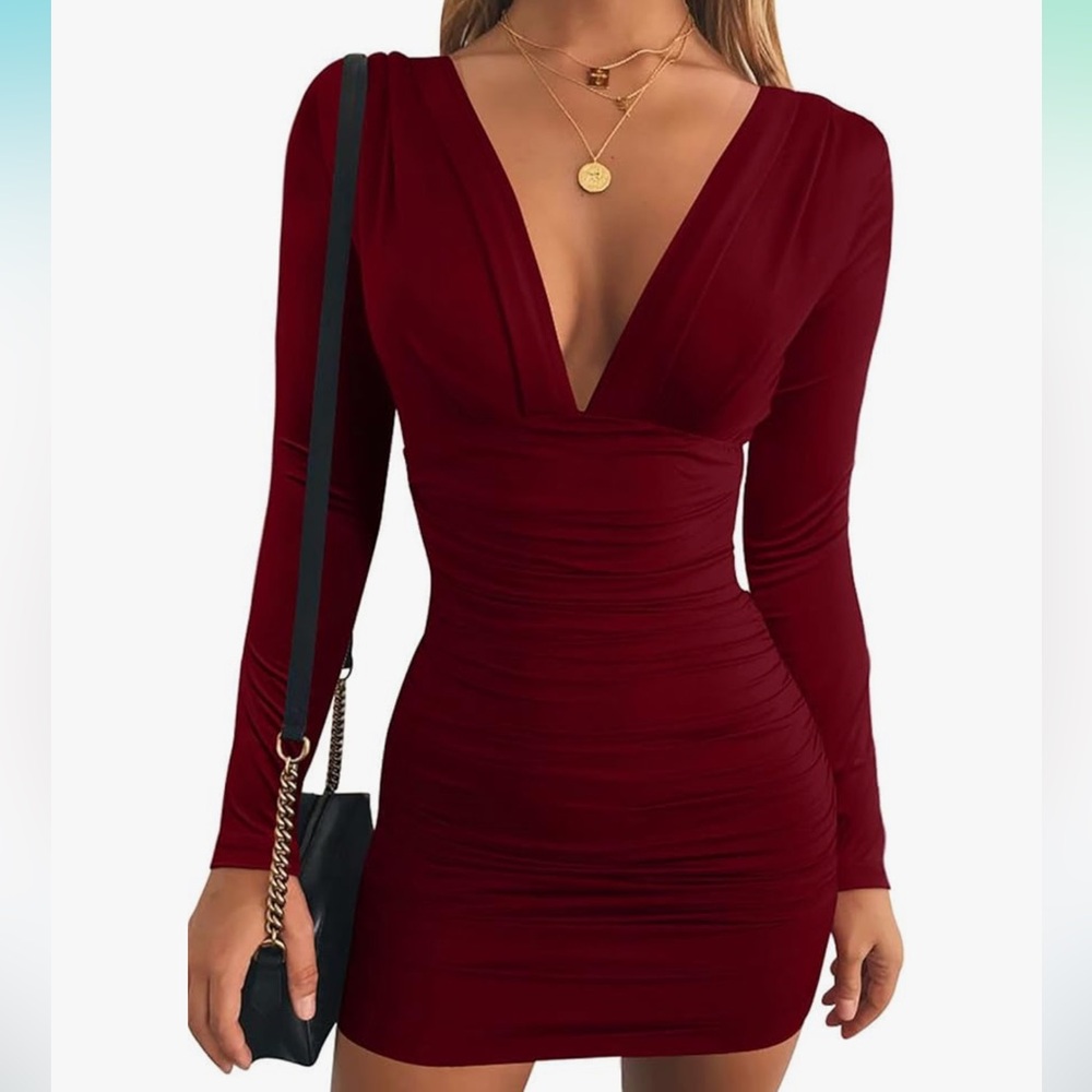 Elegant Deep Red Long Sleeve Bodycon Dress